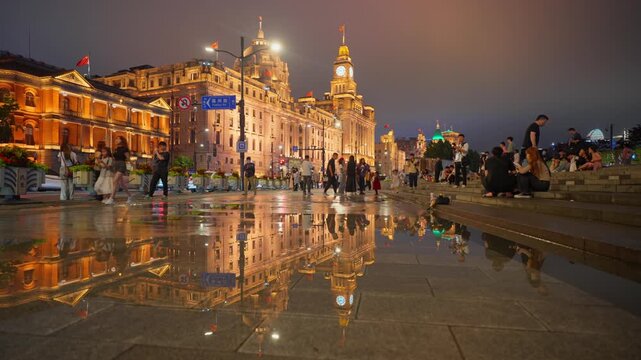 Shanghai Waterfront Illuminated Historic Buildings Reflections