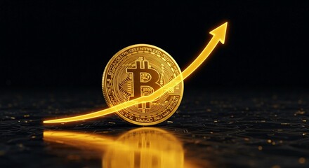 High-quality digital illustration of Bitcoin coin increasing in value, futuristic neon graph rising upward, luminous reflections over dark dimensional background, golden shine, cyber finance aesthetic