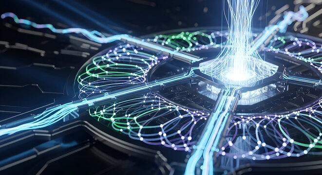 Dynamic futuristic network hub with glowing data streams, symbolizing innovation and advanced technology in a digital age.