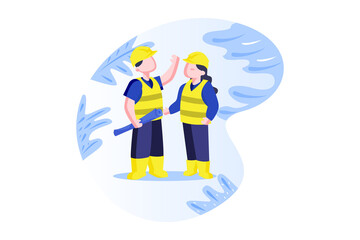 Construction Workers in Yellow Safety Vests and Helmets on Transparent Background in Blue Leaf Frame Construction Workers Collaboration Teamwork Safety