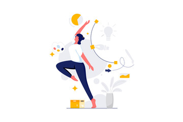 Dancing Designer with Lightbulb Plant and Data on Transparent Background