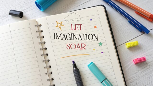 Creative notebook with a quote, colorful pens, and markers on a wooden table, inspiring imagination and ideas