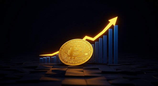 Futuristic Bitcoin rising illustration, neon-style financial graph increasing behind golden coin, dark black dimensional space, glowing effects, 4K ultra HD high-quality visual, cyber luminous backgro