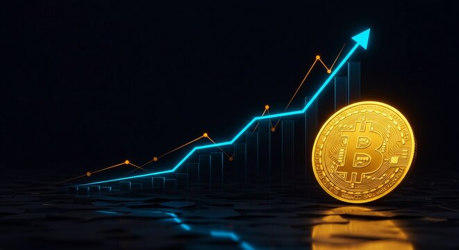 Futuristic Bitcoin rising illustration, neon-style financial graph increasing behind golden coin, dark black dimensional space, glowing effects, 4K ultra HD high-quality visual, cyber luminous backgro - Powered by Adobe