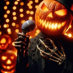 Vibrant jack-o-lantern skeleton singing into microphone on glowing bokeh background with pumpkins. Ideal for Halloween prints tees souvenirs showcasing spooky music theme