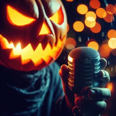 Striking jack-o'-lantern singing into microphone on glowing background with festive lights. Perfect for Halloween tees, prints, souvenirs, capturing spooky autumn spirit