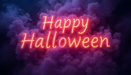 Happy halloween glowing neon sign with smoky background for festive mood