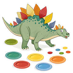 Obraz premium Cartoon stegosaurus walking on colorful stepping stones isolated on white background