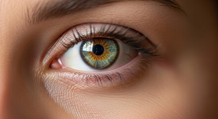 Close-up of a hazel human eye with detailed iris.