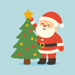 Cheerful Santa Claus Decorating Christmas Tree with Star Topper, Bringing Festive Holiday Joy and Magic, Perfect for Greeting Cards and Children's Illustrations