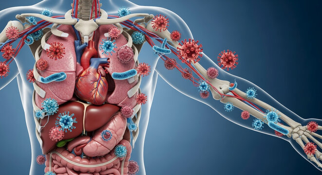 Human body anatomy showing virus infection.