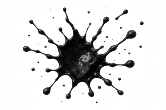 Black liquid splash exploding, forming abstract paint blot, ink drop and splatter with transparent background