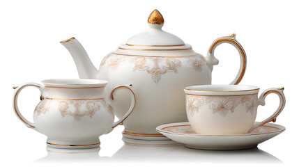 an elegant tea set composed of a teapot, a sugar bowl, and a teacup with saucer