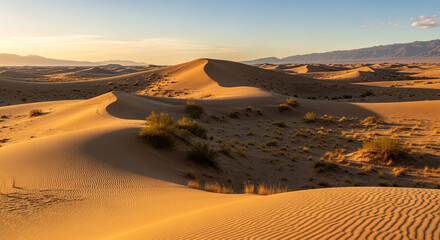 Golden hour bathes the mesquite flat sand dunes in death valley national park, california, creating a serene and captivating desert landscape with distant mountains
