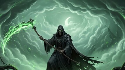 hooded figure with glowing green eyes and skeletal face wields bright green energy scythe Surrounded by swirling emerald mist twisted roots and ominous winged forms under crescent moon - Powered by Adobe