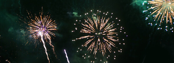 Banner Green firework night time celebrate national holiday. Green Firework celebrate anniversary...