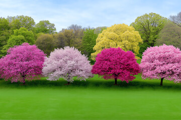 Vibrant trees bloom in a colorful spring landscape under a bright sky.