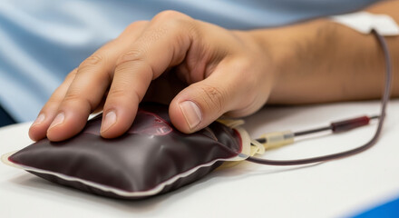 Close-up of a hand on a blood donation bag.