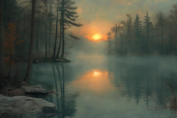 Misty lake at sunset
