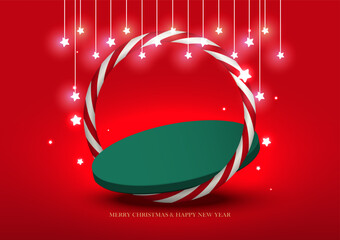 Festive Christmas background with green 3D podium, candy cane circle, hanging glowing stars on red background. Vector illustration.