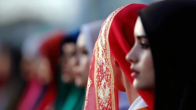 Beautiful Muslim Women in Hijab Standing Together in a Line.