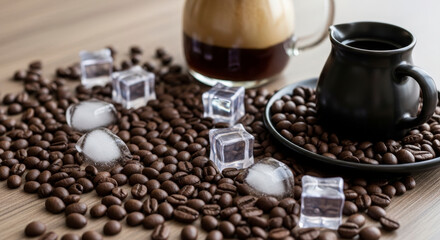Fototapeta premium Coffee beans and iced espresso scene.