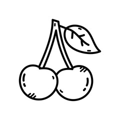 Doodle Style Sketch of Two Black and White Cherries with a Leaf on a Transparent Background