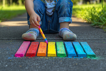 Child drawing rainbow with colorful chalk