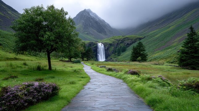 Majestic Waterfall Cascading into Mist in Lush Green Valley Under Overcast Sky