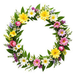 Obraz premium Floral Wreath Colorful flowers & lush green leaves arranged in circular form