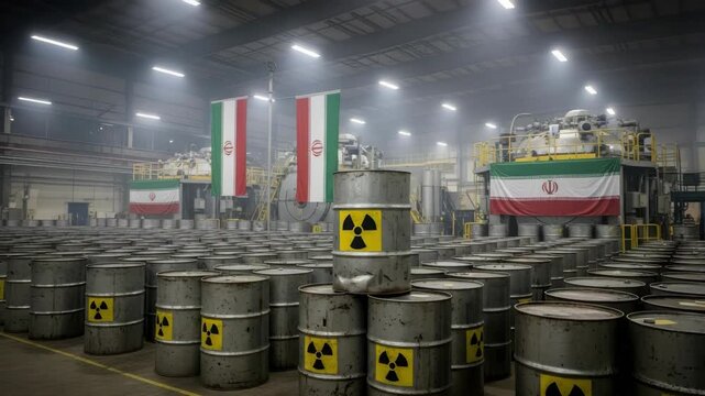 Industrial facility with many gray metal drums displaying yellow radiation symbols Large processing machinery and flags with green white red bands and an emblem are visible under bright lights