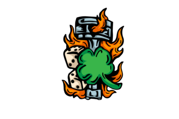 Digital Art of Tower Burning in Flames Surrounded by Dice and Clover on White Background