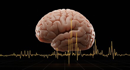 Brain illustration with yellow waveform on black background for medical science