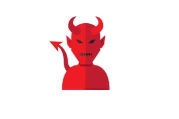 Digital Red Devil Pixel Art with Horns Tail and Sharp Teeth on Transparent Background