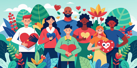 Fototapeta premium Diverse group of people holding hearts in a vibrant natural setting