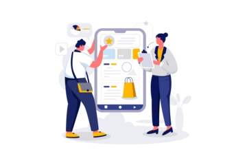 Digital Shopping App Interface with Flat Illustration of Man and Woman on Transparent Background