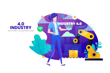 Digital Industry 4.0 Automation Technology Graphic Featuring Female Figure and Robot Arm with Transparent Background