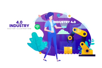 Digital Industry 4.0 Automation Technology Graphic Featuring Female Figure and Robot Arm with Transparent Background