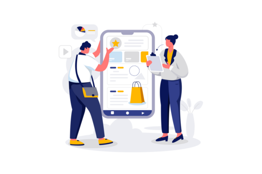 Digital Shopping App Interface with Flat Illustration of Man and Woman on Transparent Background