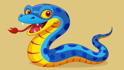 Fototapeta premium Cheerful blue snake with yellow belly and red tongue