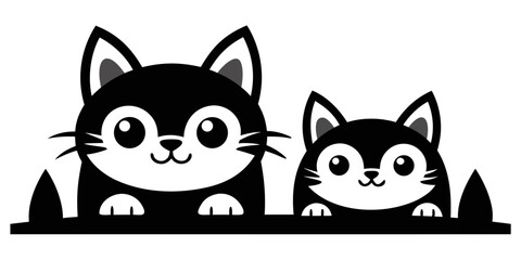 Fototapeta premium Two cute black and white cartoon cats peeking over a ledge