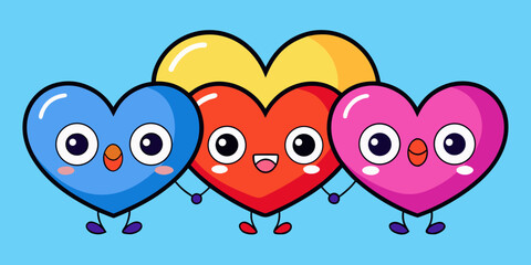 Fototapeta premium Three happy cartoon hearts holding hands on a blue background