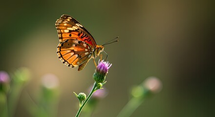 Naklejka premium Butterfly perched on a purple flower with a blurred natural background