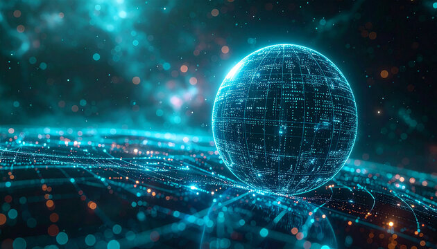 Digital Globe in a Tech World: A mesmerizing digital globe floating amidst a network of interconnected lines and glowing particles, representing the vast and intricate world of technology.