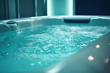 Relaxing in a bubbling turquoise spa tub enjoying a tranquil moment of serene bliss Soft ambient lighting enhances the