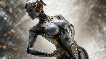 Futuristic robot female in a city