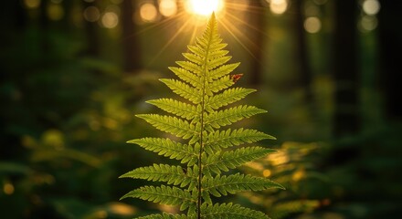 Close up of a vibrant green fern leaf with sunburst background