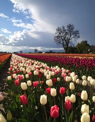 Colorful tulip field under a cloudy sky