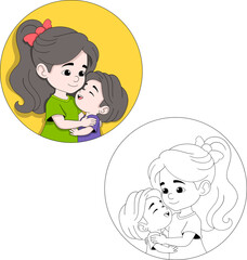 Cartoon Avatar of Mother and Son Hugging in Circular Frame
