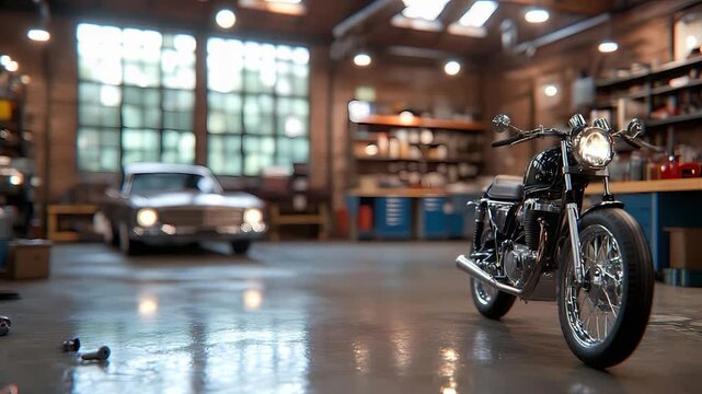Classic Motorcycle and Car in a Vintage Garage Setting.